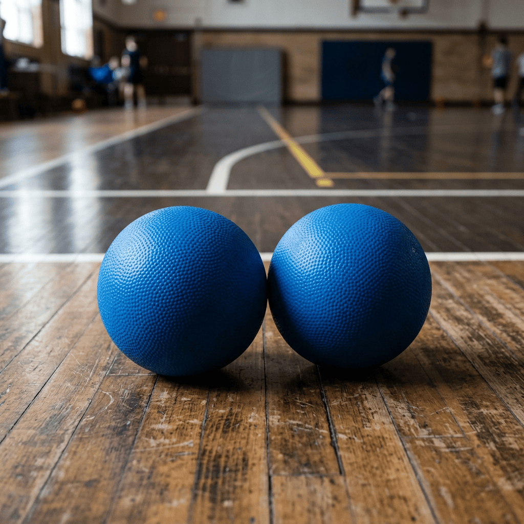 Two blue textured balls on a wooden gymnasium floor