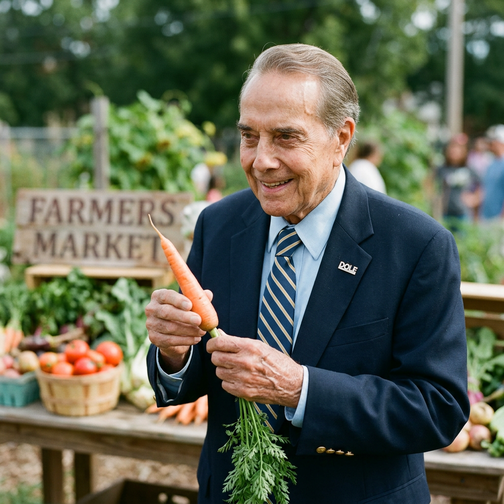 Smiling man in suit holding a carrot at a farmers market