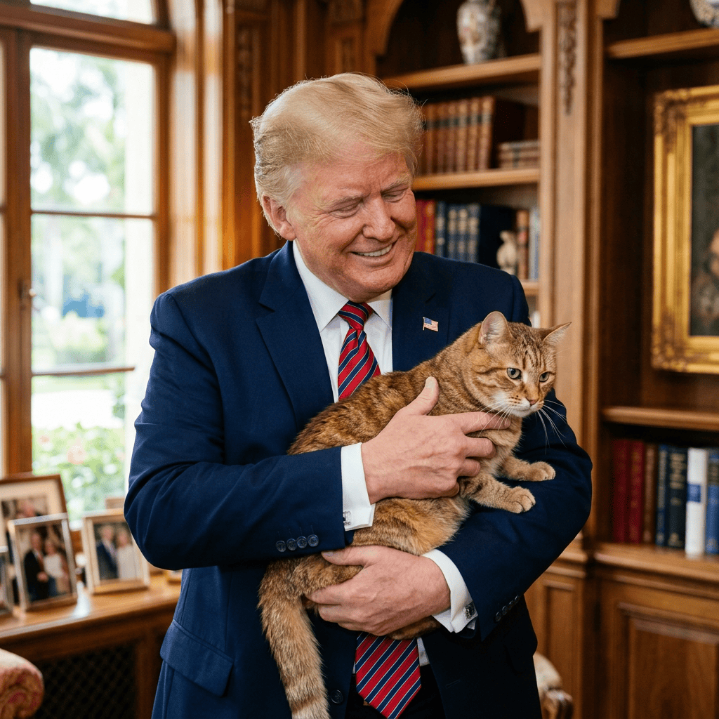Donald Trump holding a tabby cat inside a wood-paneled study