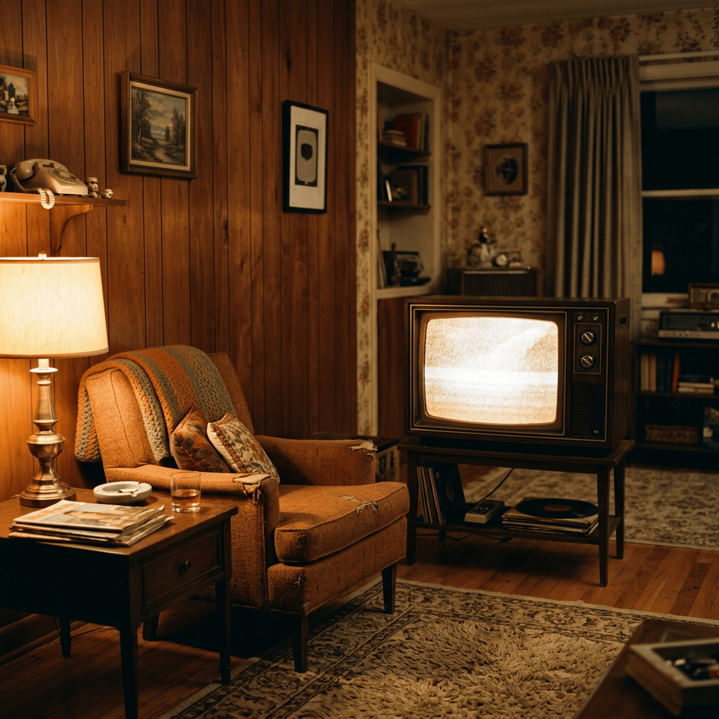 Vintage living room with glowing television, armchair, lamp, and record player