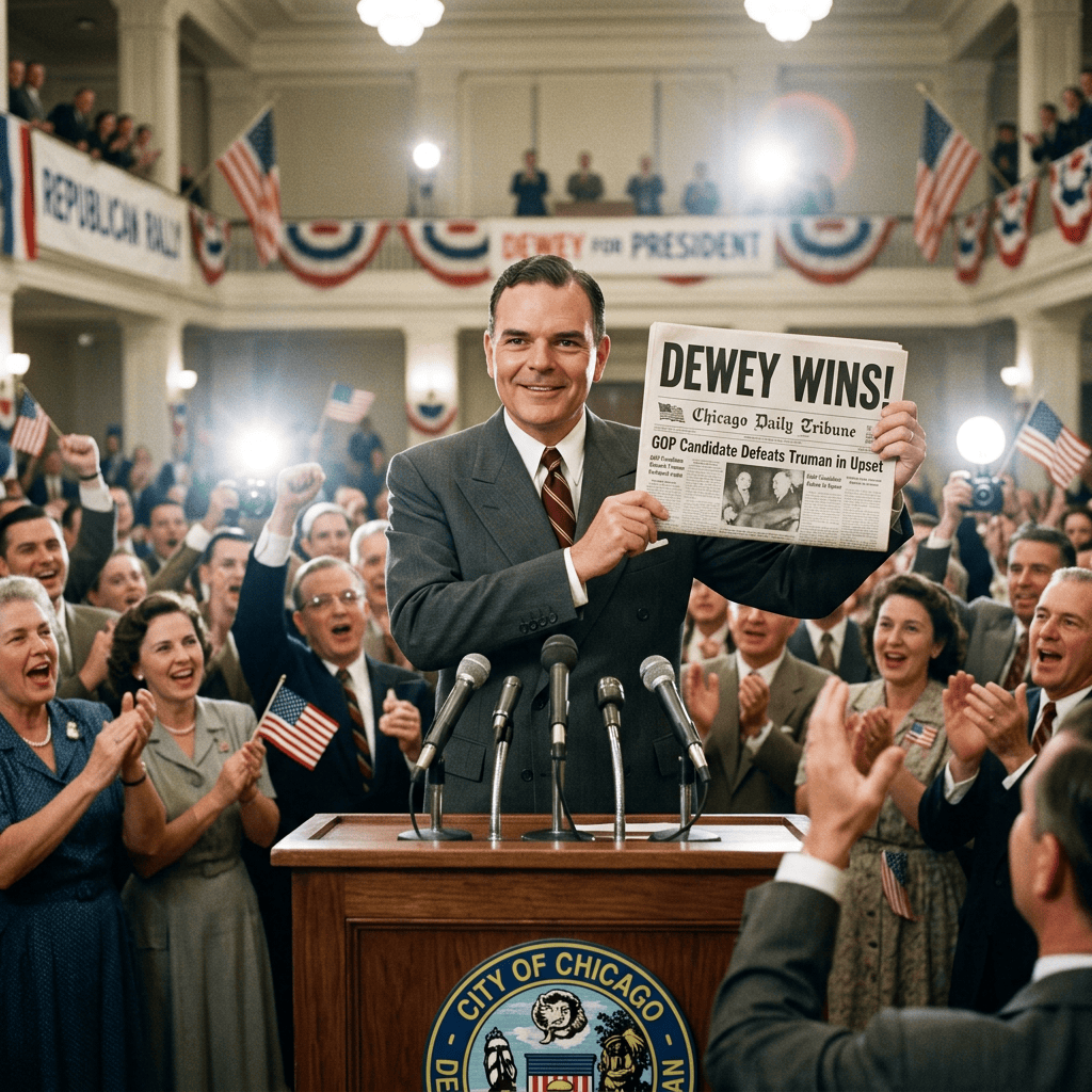 Man holds “DEWEY WINS!” Chicago Daily Tribune headline at Republican rally