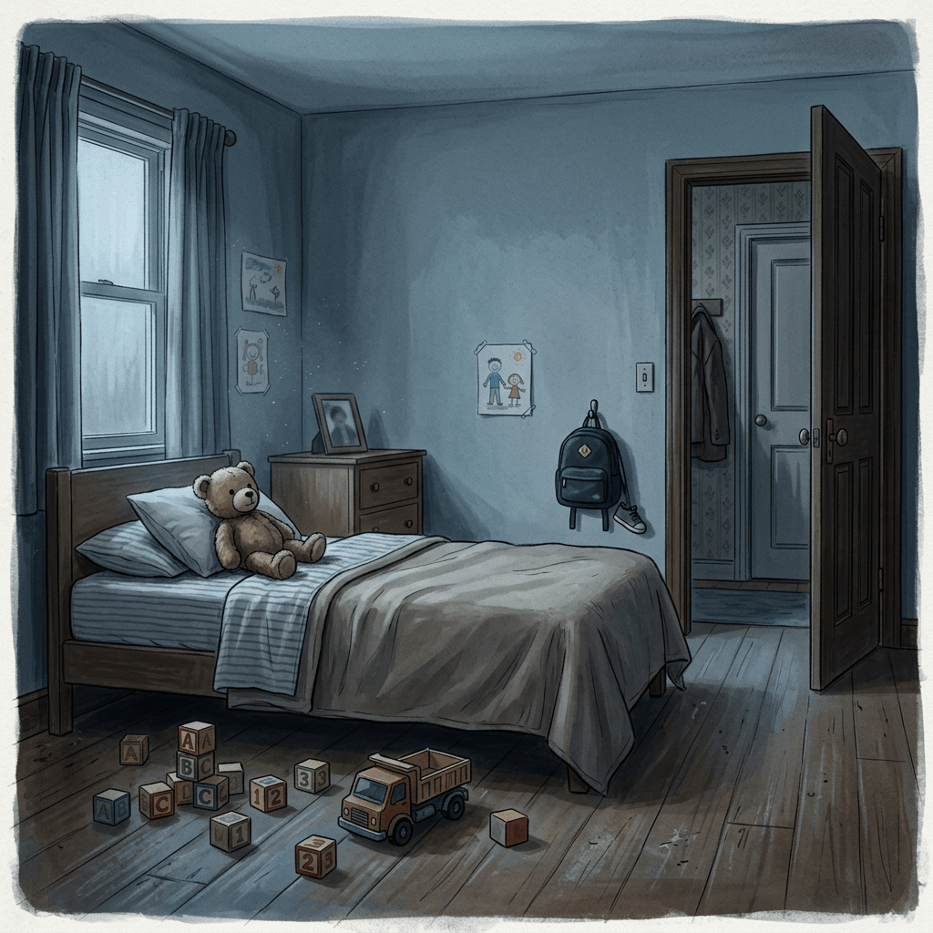 Child’s bedroom with teddy bear, toys, backpack, and open door