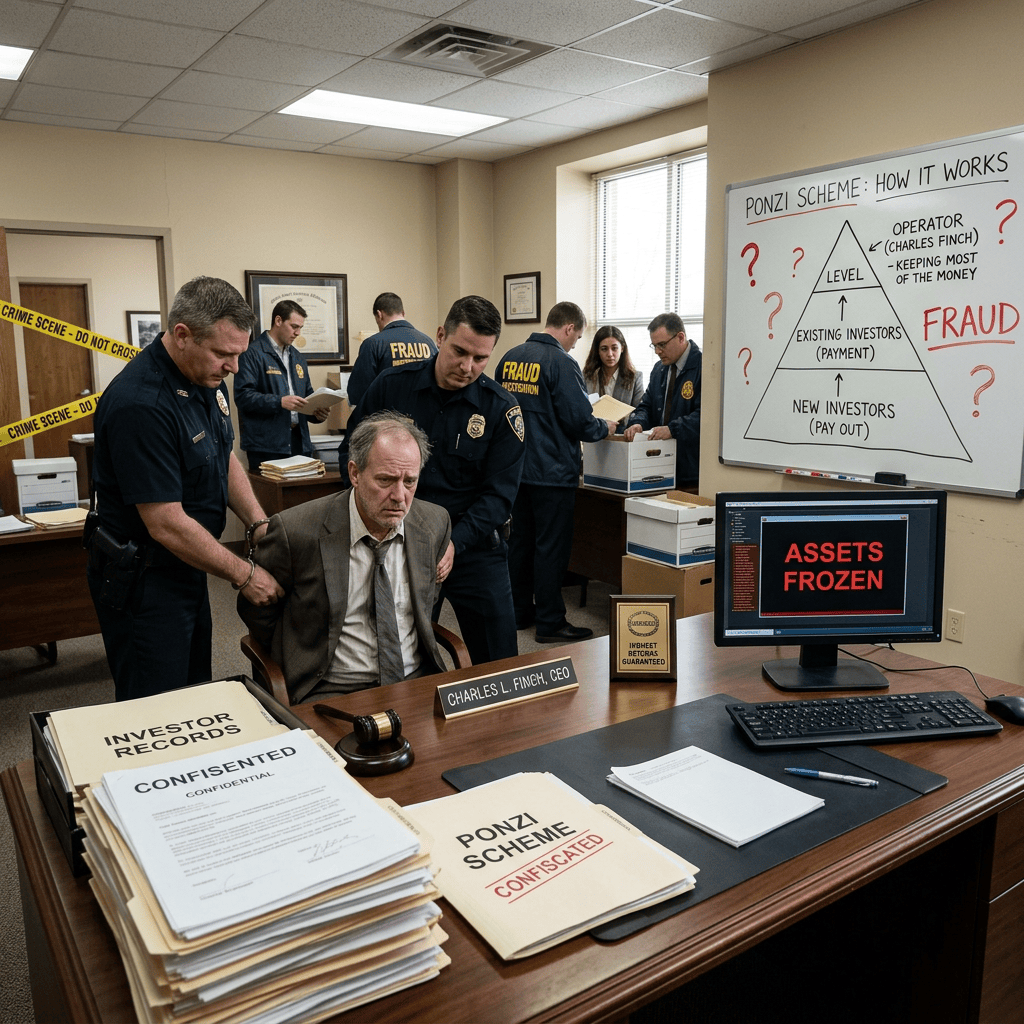 Investigators detain a CEO beside Ponzi scheme evidence and frozen assets notice