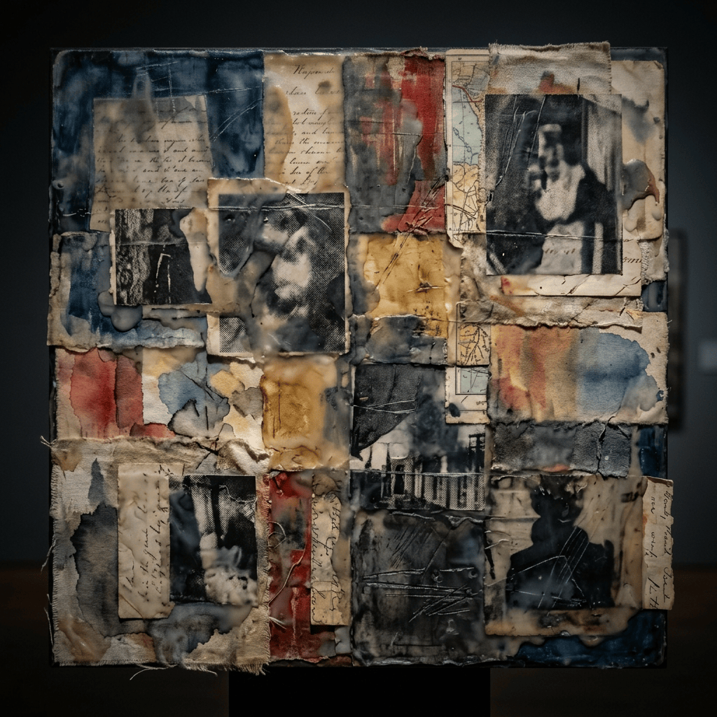 Mixed-media collage of photographs, handwritten papers, maps, and abstract painted fragments