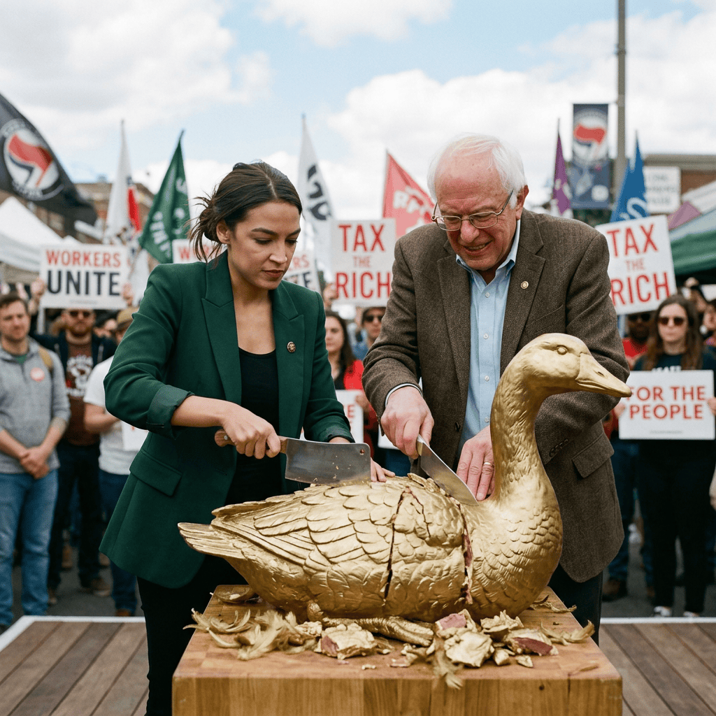 AOC and Bernie Sanders cutting golden goose