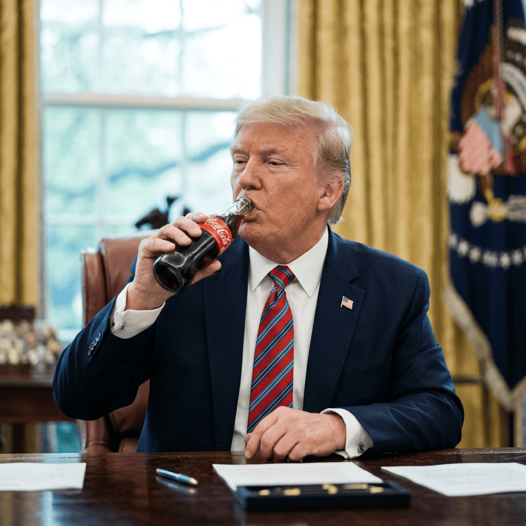Donald Trump drinking Coca-Cola at a desk in a formal office