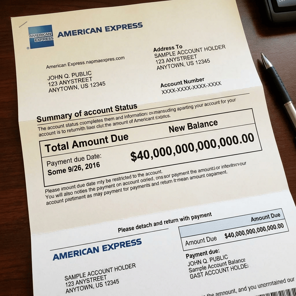 Sample American Express statement showing $40,000,000,000.00 amount due