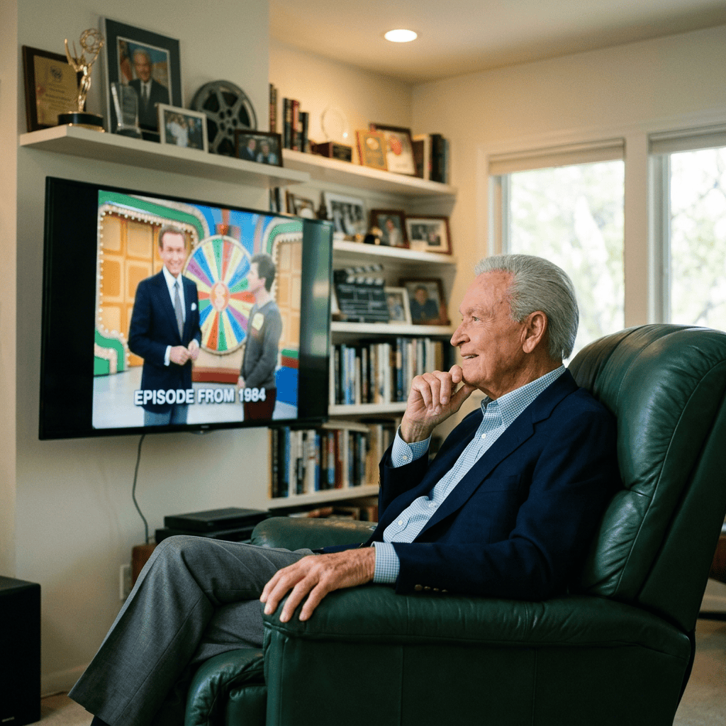 Older man watching a television labeled “EPISODE FROM 1984”