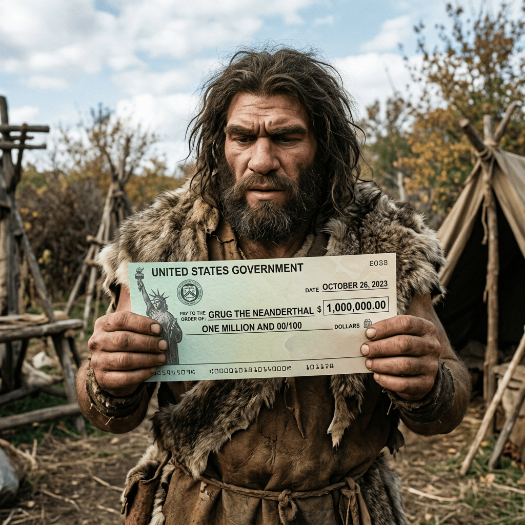 Caveman holding a check reading United States Government, Grug the Neanderthal, $1,000,000.00, October 26, 2023