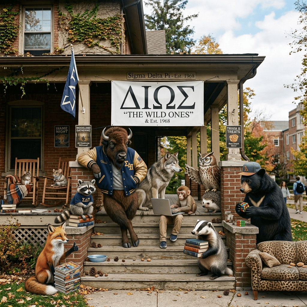 Sigma Delta Pi banner reading “THE WILD ONES” and “Est. 1968,” with animal characters on a porch