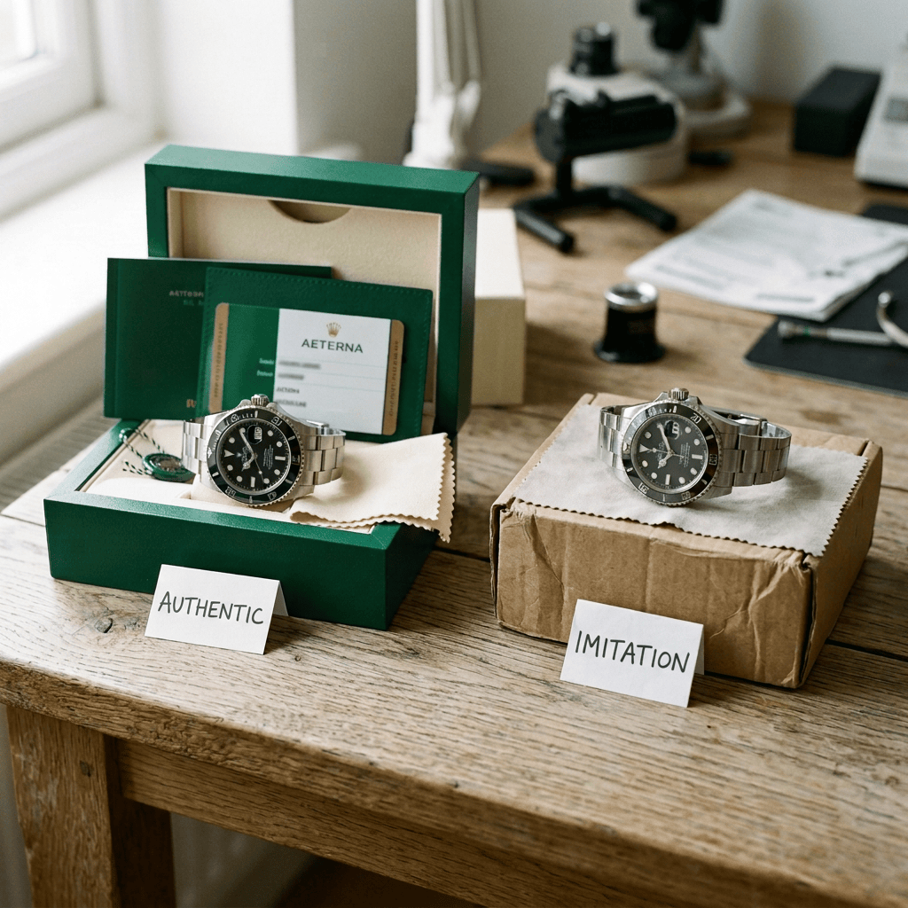 Two watches labeled REAL and FAKE on separate boxes