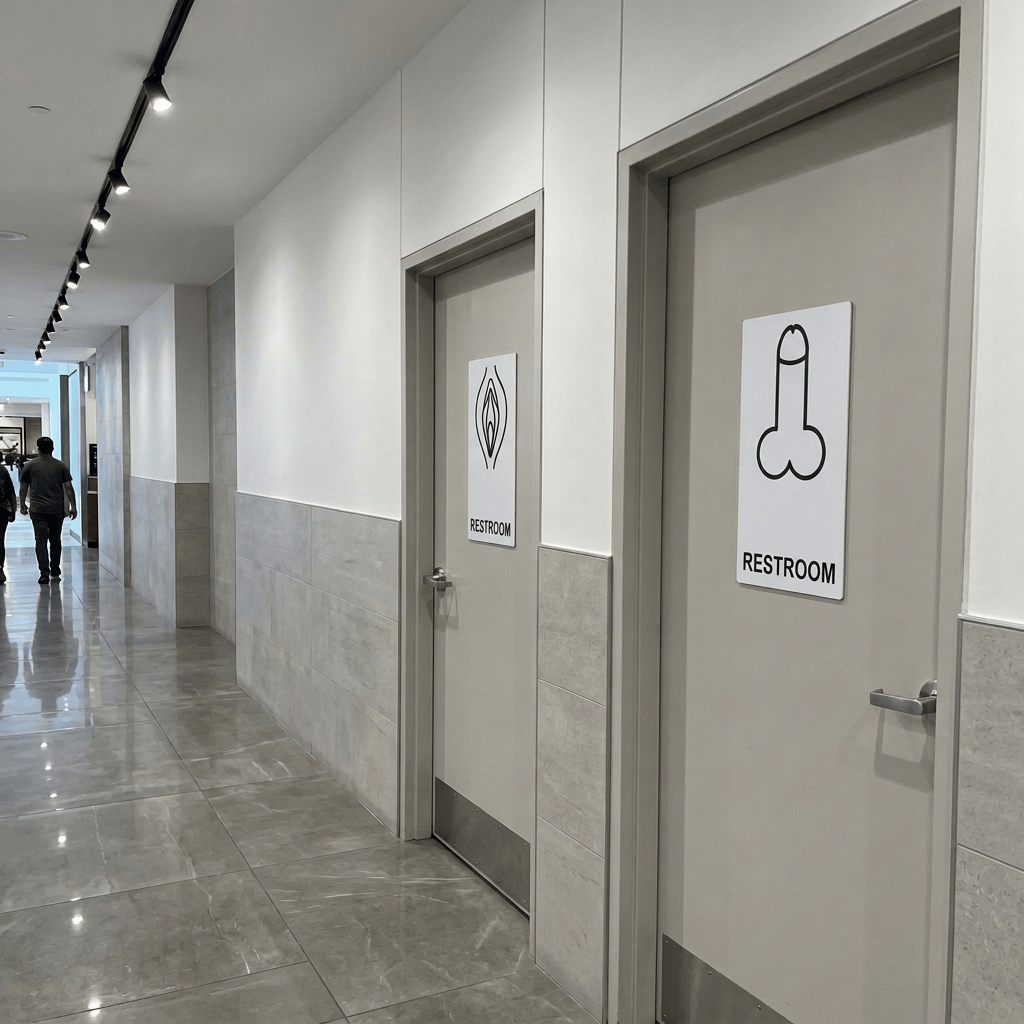 Bilingual restroom signs for men and women on corridor doors