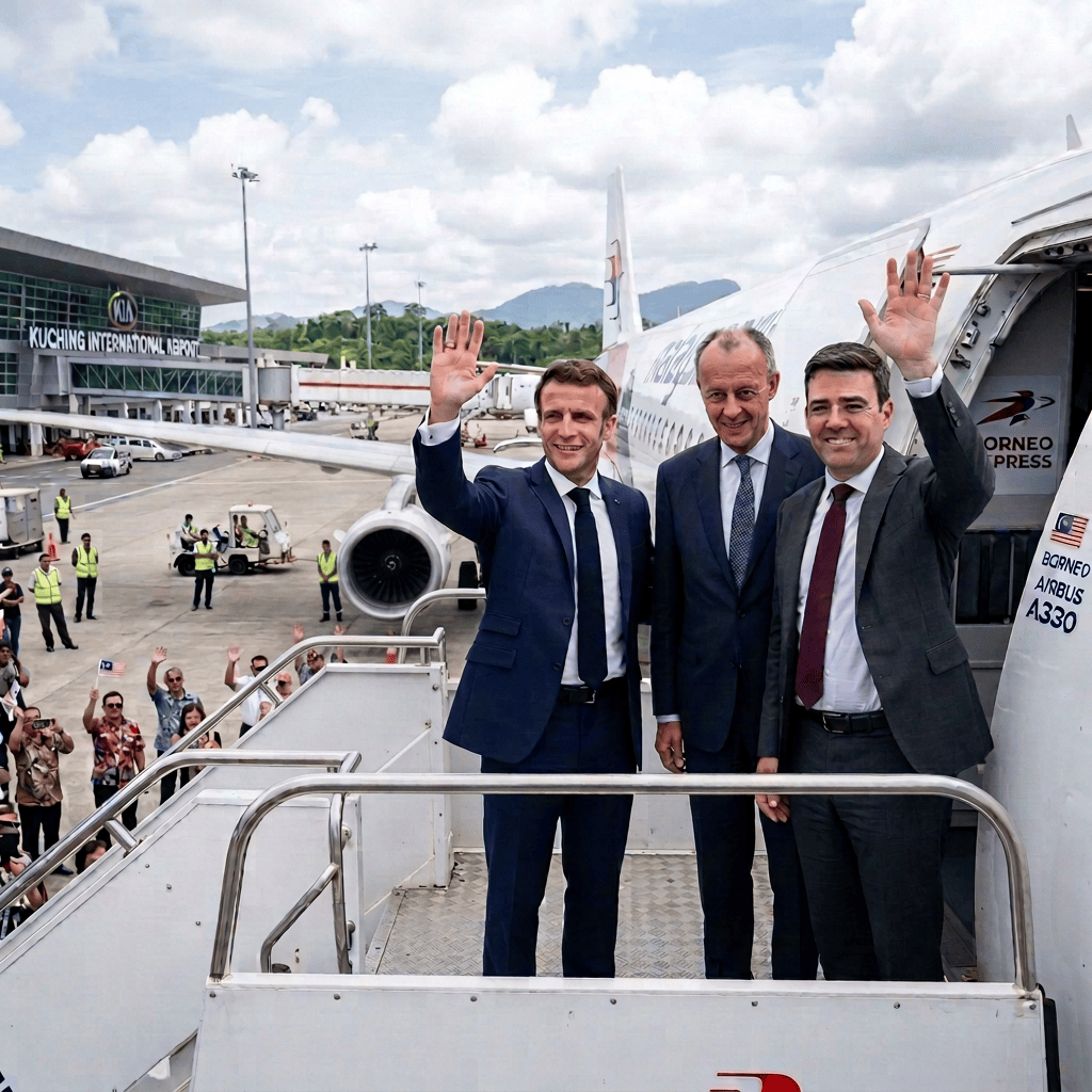 Three officials wave beside a Borneo Express Airbus A330 at Kuching International Airport
