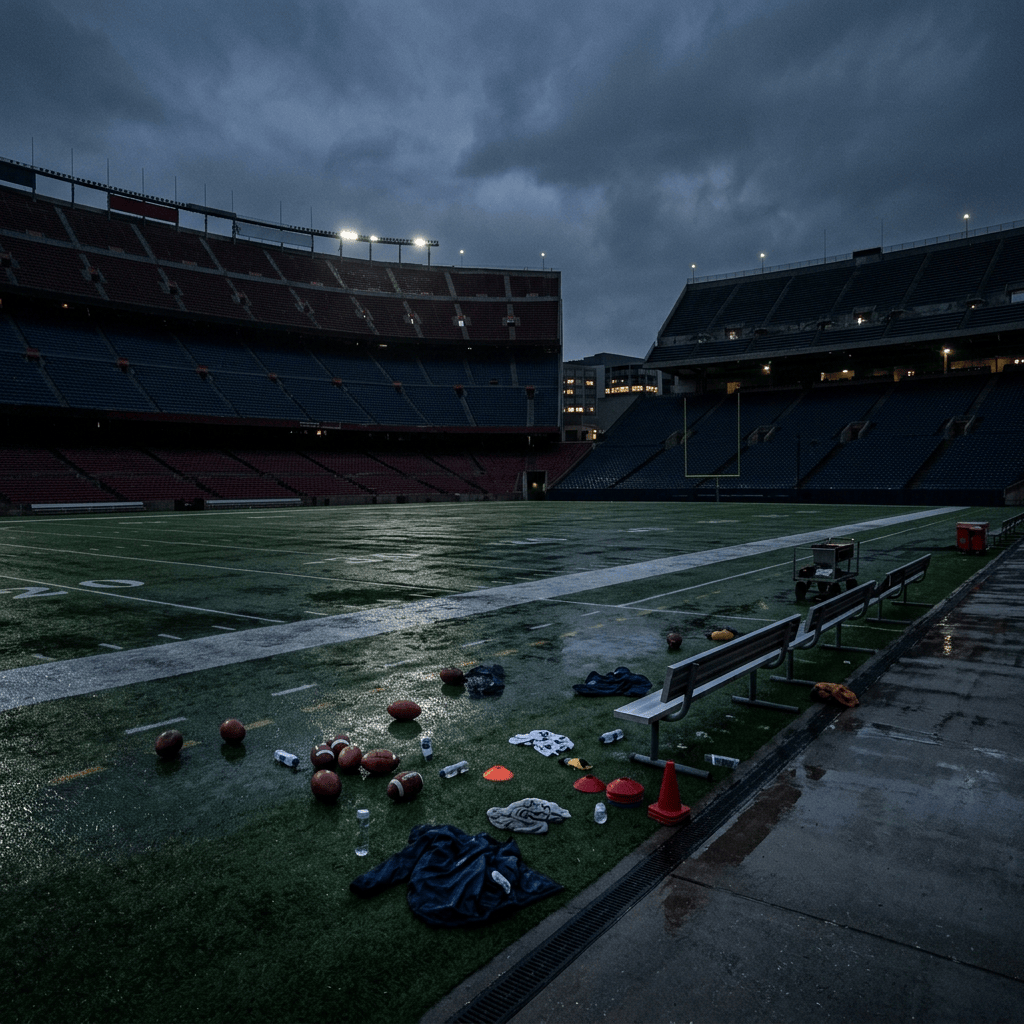 Rainy empty football stadium with scattered football practice equipment
