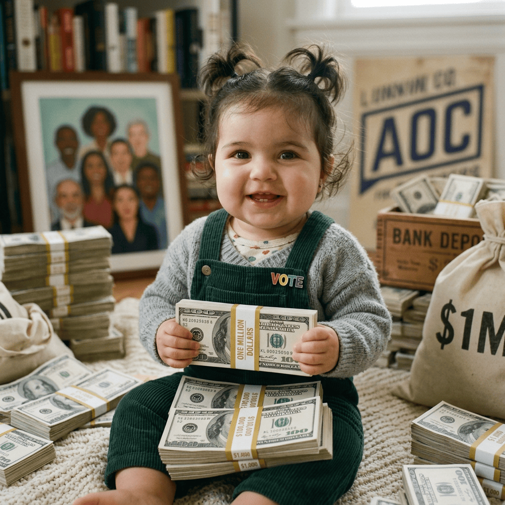 Smiling toddler wearing a VOTE pin on green overalls
