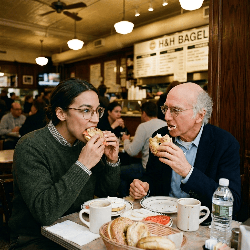 Two men eating bagels and drinking coffee inside H&H Bagels