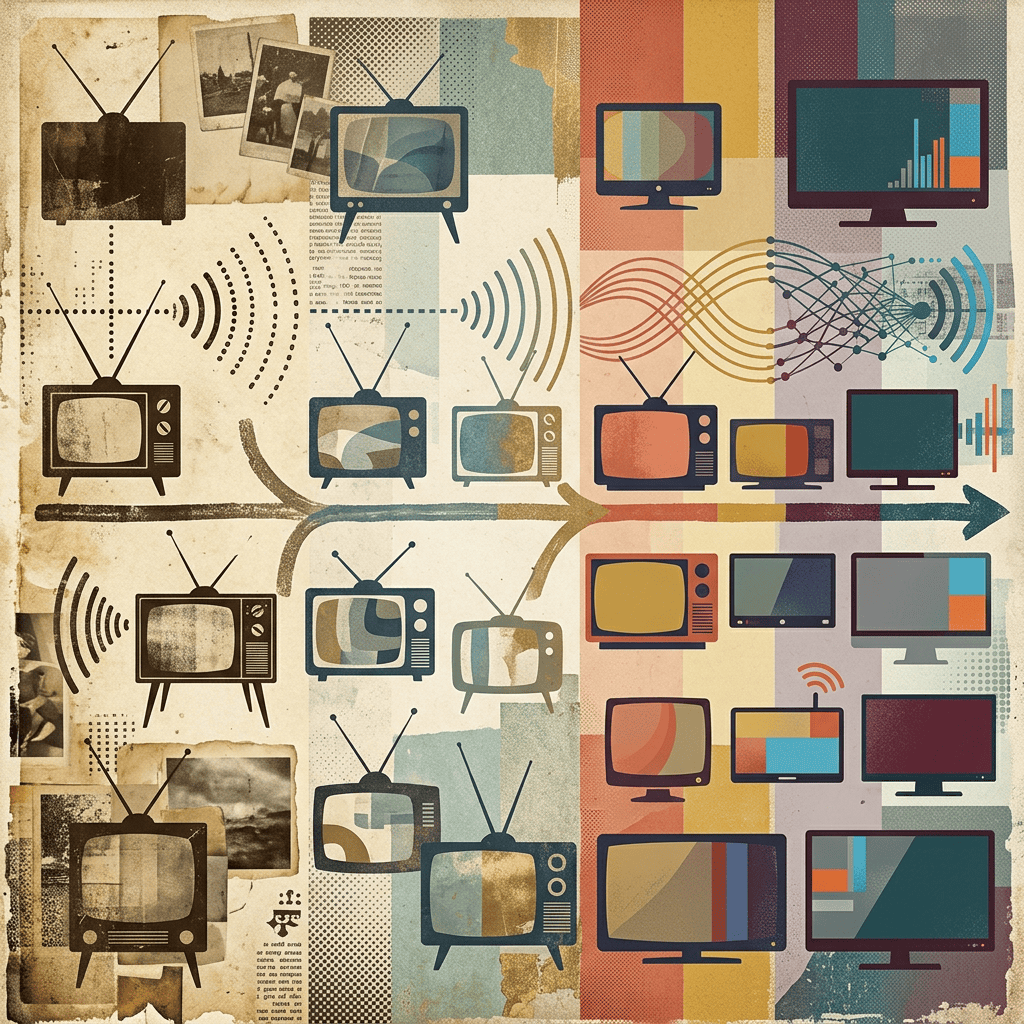 Collage showing television technology evolving from vintage sets to modern screens