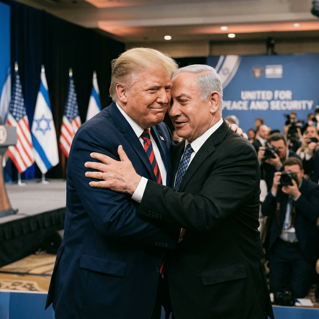 Donald Trump and Benjamin Netanyahu embrace at a diplomatic event