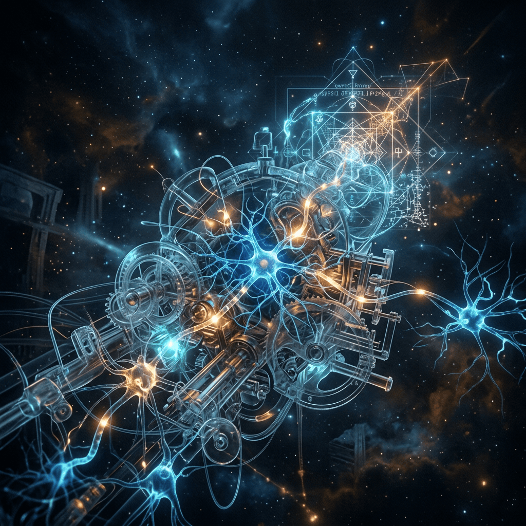 Glowing neural networks intertwined with complex machinery in outer space