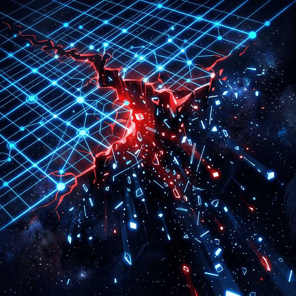 Glowing blue network cracking apart across a star-filled space background