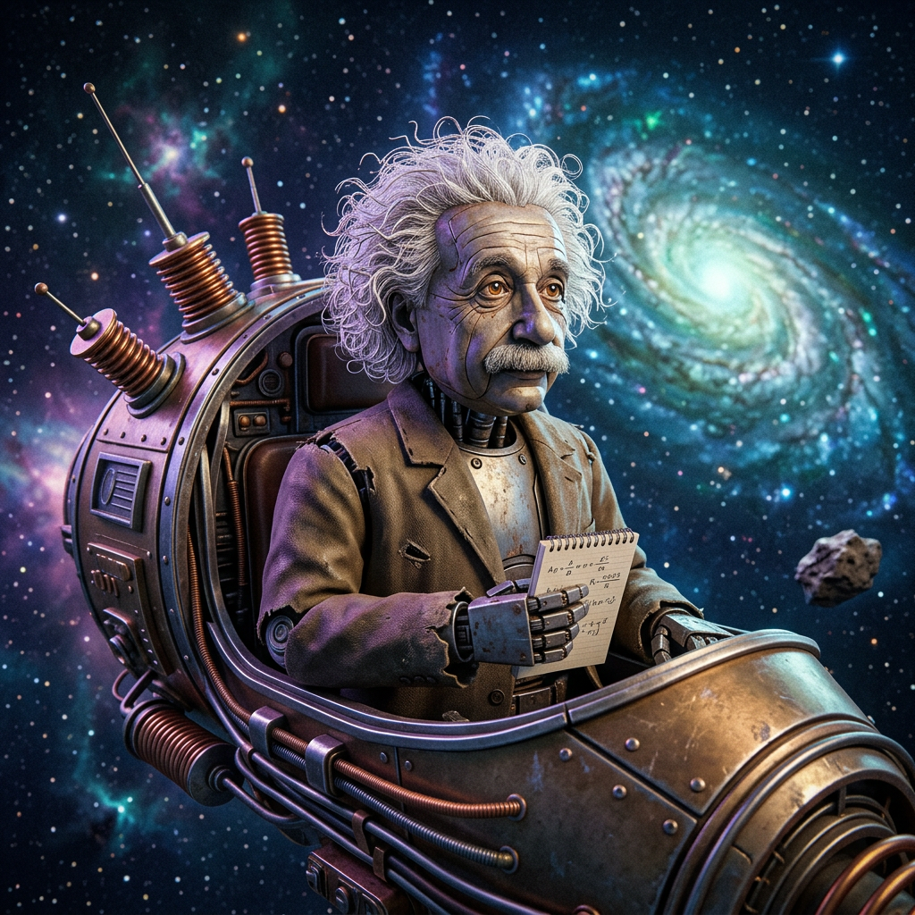 Einstein-inspired robot scientist taking notes in a spacecraft amid a colorful galaxy