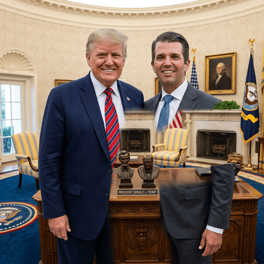 Donald Trump and Donald Trump Jr. posing together at a seaside resort