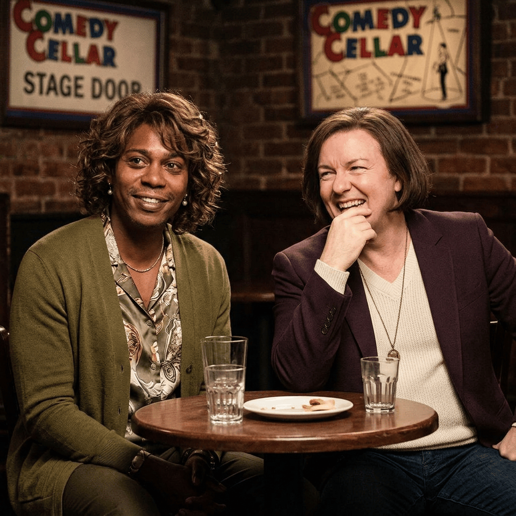 Two comedians laughing together at a table beneath Comedy Cellar signs