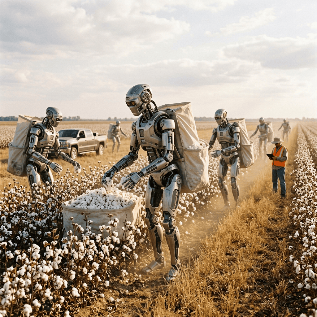 Robotic cotton harvesters working in a field with a worker nearby