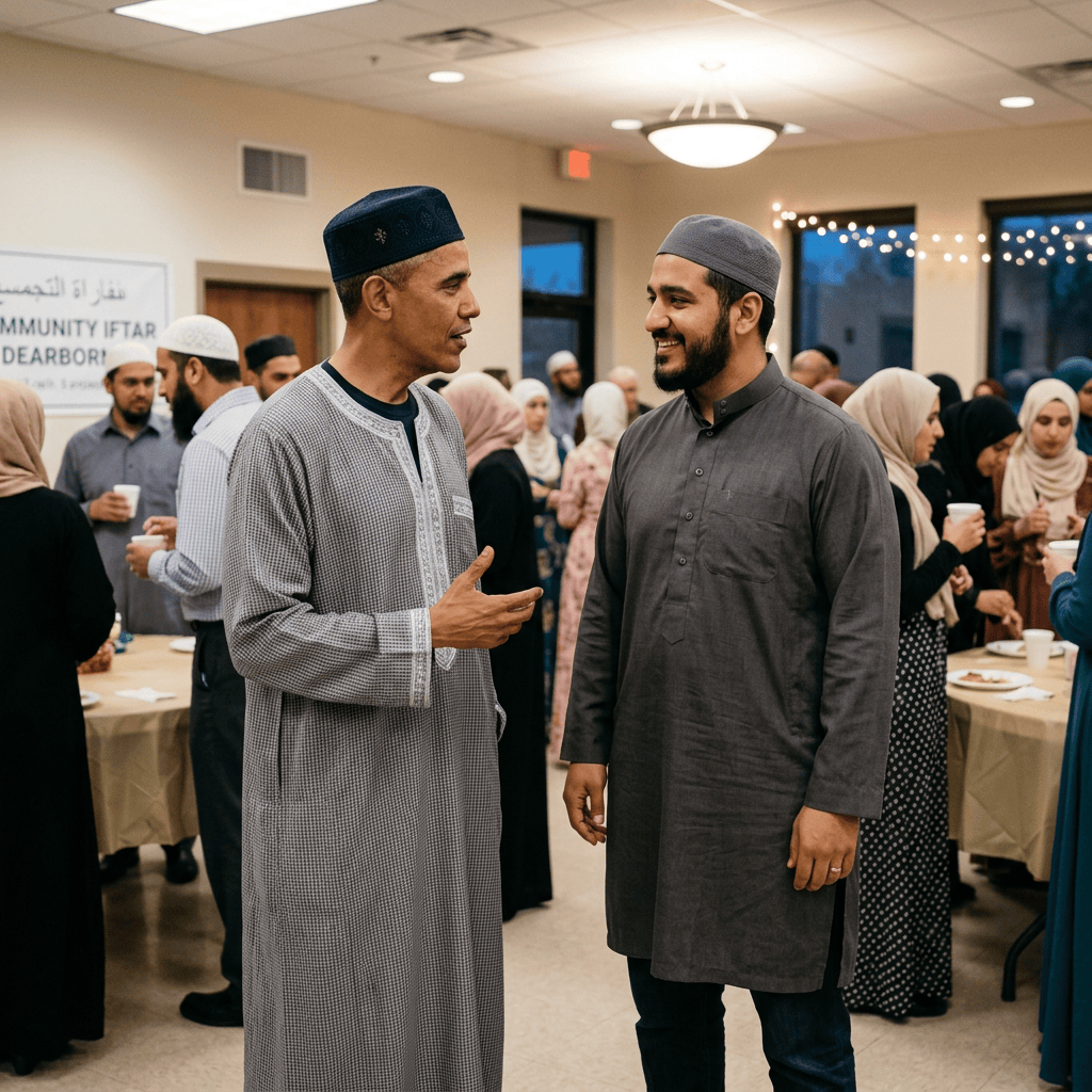 Two men converse at a community iftar gathering in Dearborn.