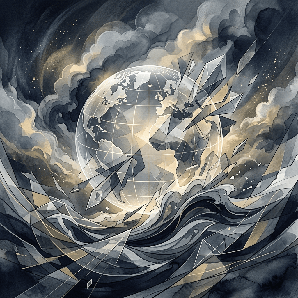 Illustrated globe surrounded by waves, storm clouds, stars, and geometric shards