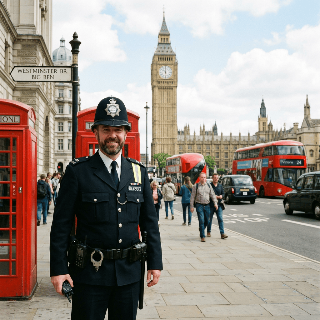 Police officer standing near red telephone boxes with Big Ben and buses