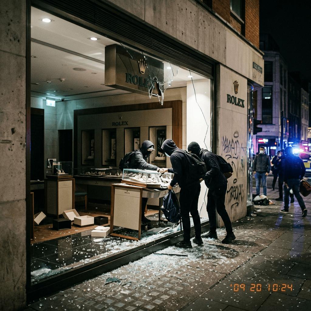 Three hooded people inside a shattered Rolex storefront at night