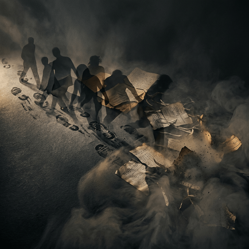 Shadowy people walking over footprints and scattered papers amid swirling smoke