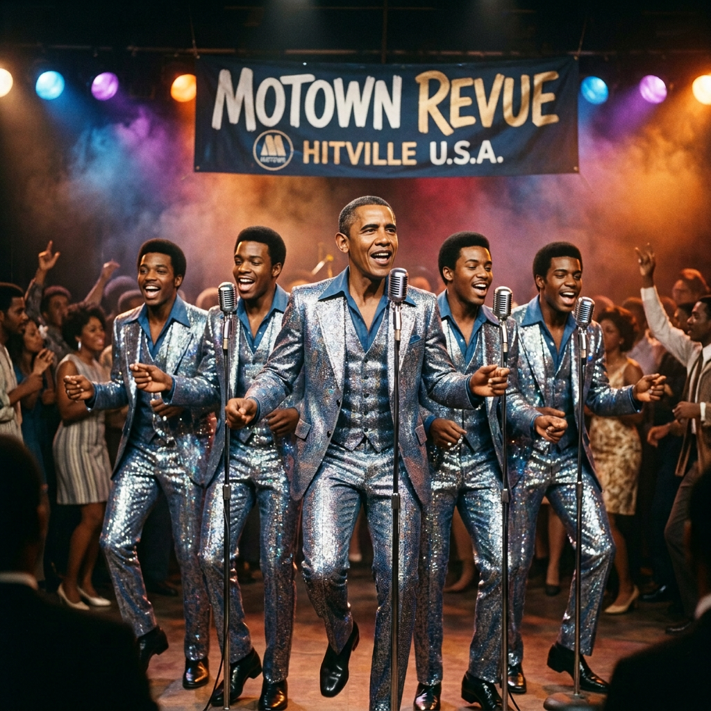 Five singers in sparkling suits perform beneath a Motown Revue banner.