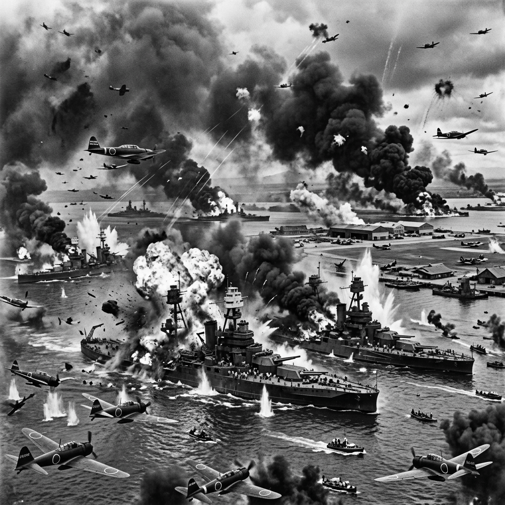 World War II aircraft attacking warships in a harbor amid explosions