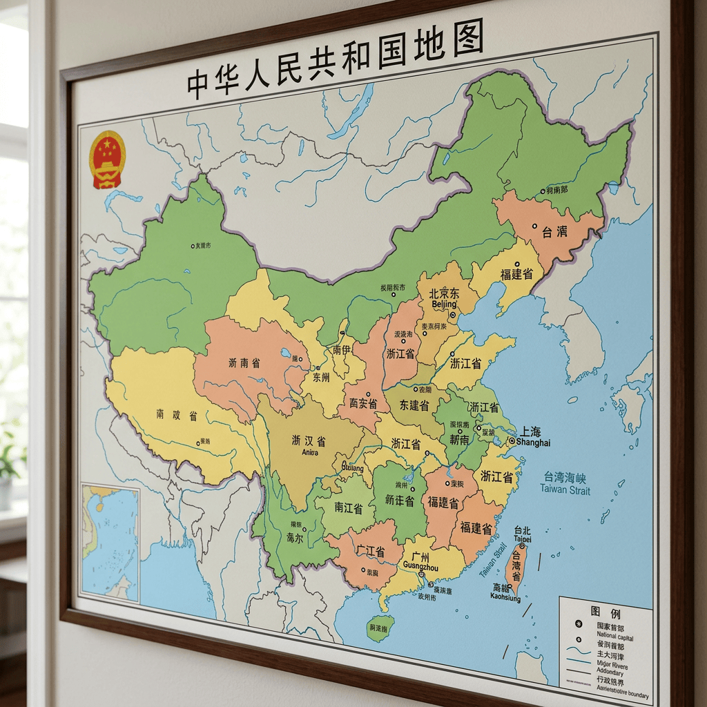 Framed Chinese map showing provinces, cities, rivers, Taiwan, and surrounding seas