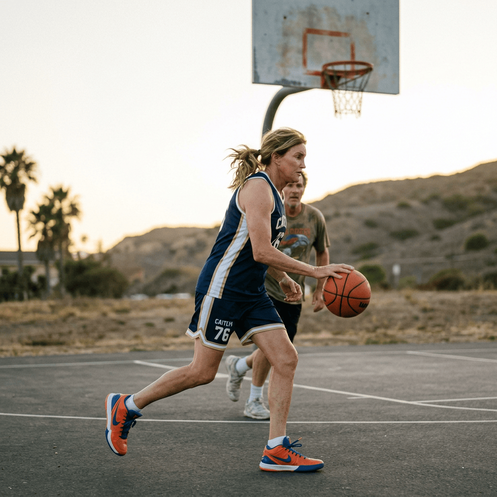 Basketball player dribbling beneath an outdoor hoop at sunset